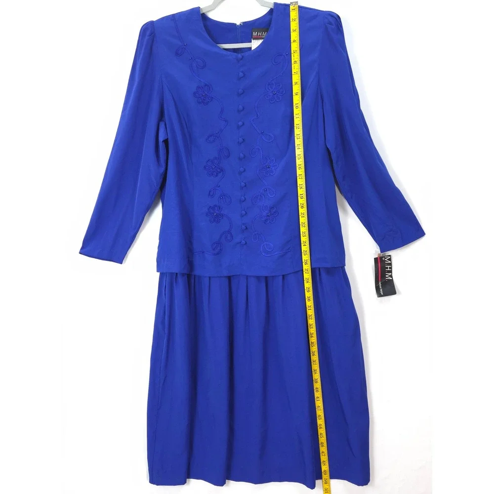 Royal Blue Embroidered Beaded‎ Dress Modest Vtg 90s Women 18 Church Mature